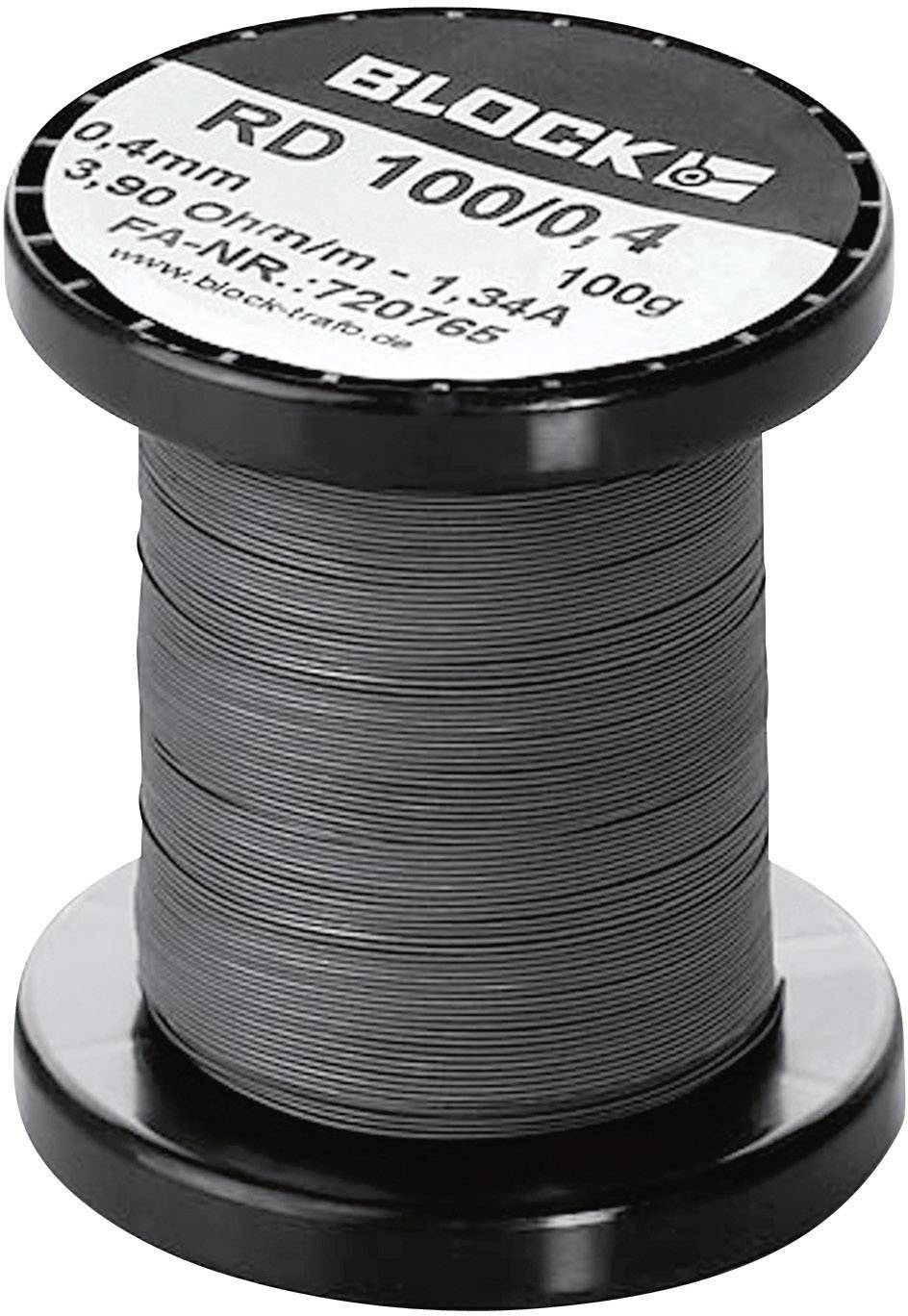 Eine schwarze Spule mit dünnem Draht. Etikett auf der Oberseite zeigt 'BLOCK', Drahtdurchmesser 0,4 mm, Länge 390 Ohm/m, Gewicht 100g.