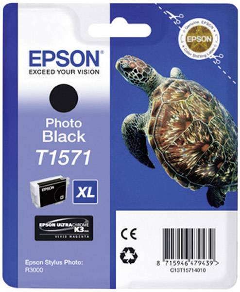 Verpackung einer Epson Tintenpatrone T1571 für Epson Stylus Photo R3000, mit XL-Größe in Schwarz und einem Bild einer Meeresschildkröte.