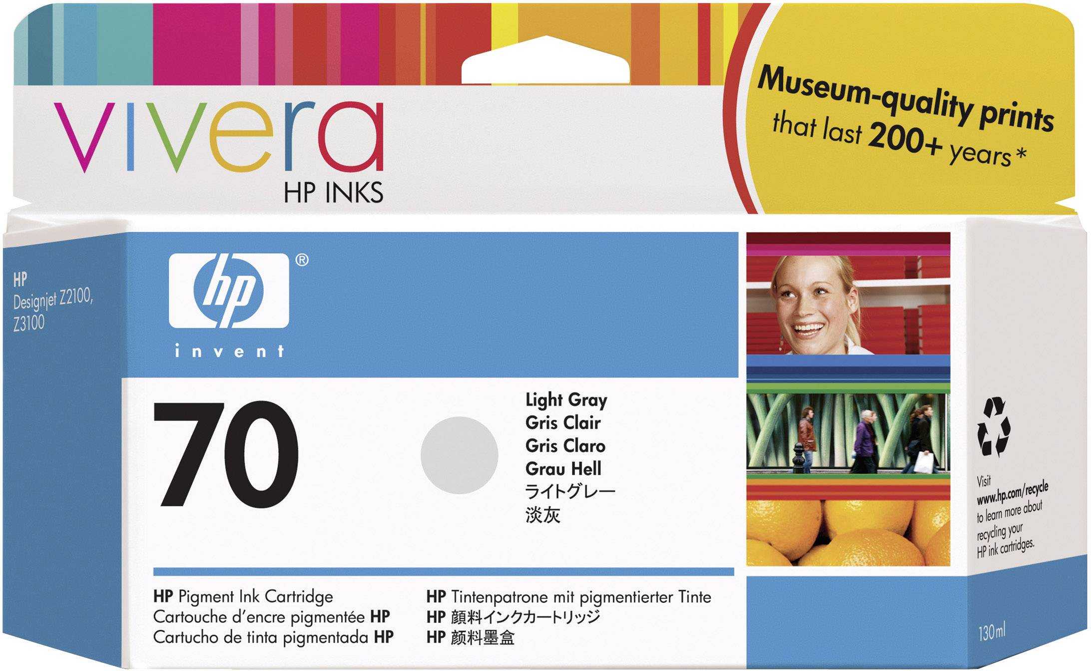 'HP 70' Tintenpatrone Verpackung mit verschiedenen Farben und Bild einer Frau und Orangen. Texte betonen 'Museum-quality prints'.