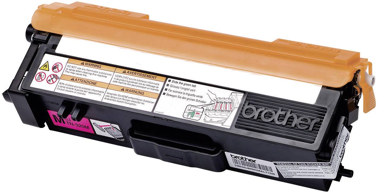 Schwarze Tonerkartusche mit orangefarbener Abdeckung und Warnhinweisen auf einem Etikett. Aufschrift 'Brother'.