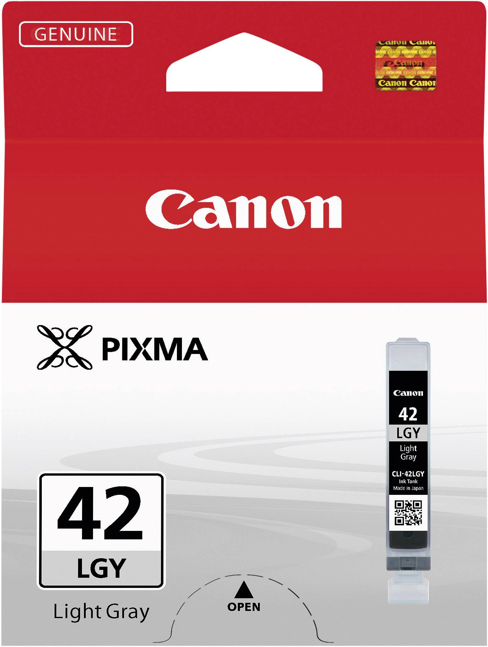 Die Abbildung zeigt eine Verpackung für eine Canon Druckerpatrone, Modellnummer 42 LGY, in der Farbe Hellgrau, geeignet für Pixma Drucker.