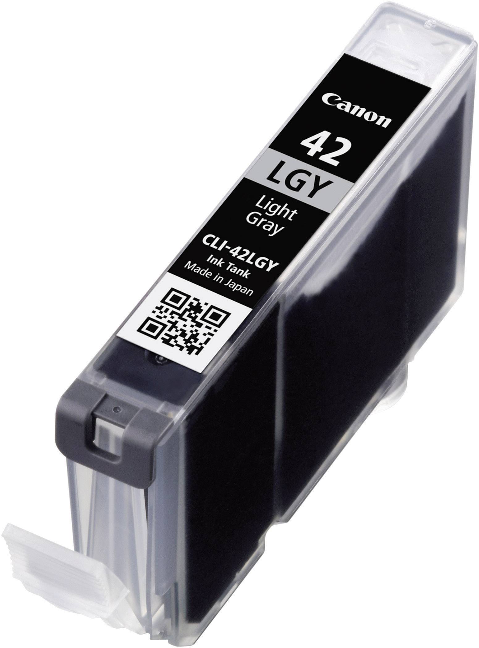 Eine schwarze Canon CLI-42 Tintenpatrone, beschriftet mit '42 LGY Light Gray', zeigt einen QR-Code und Herkunftsstempel 'Made in Japan'.