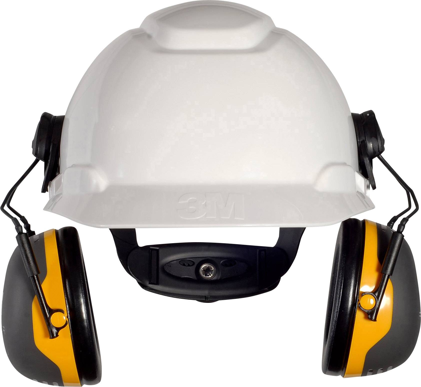 Ein weißer Schutzhelm mit integrierten, schwarzen Ohren-schützern, geeignet für Baustellen und laute Umgebungen.