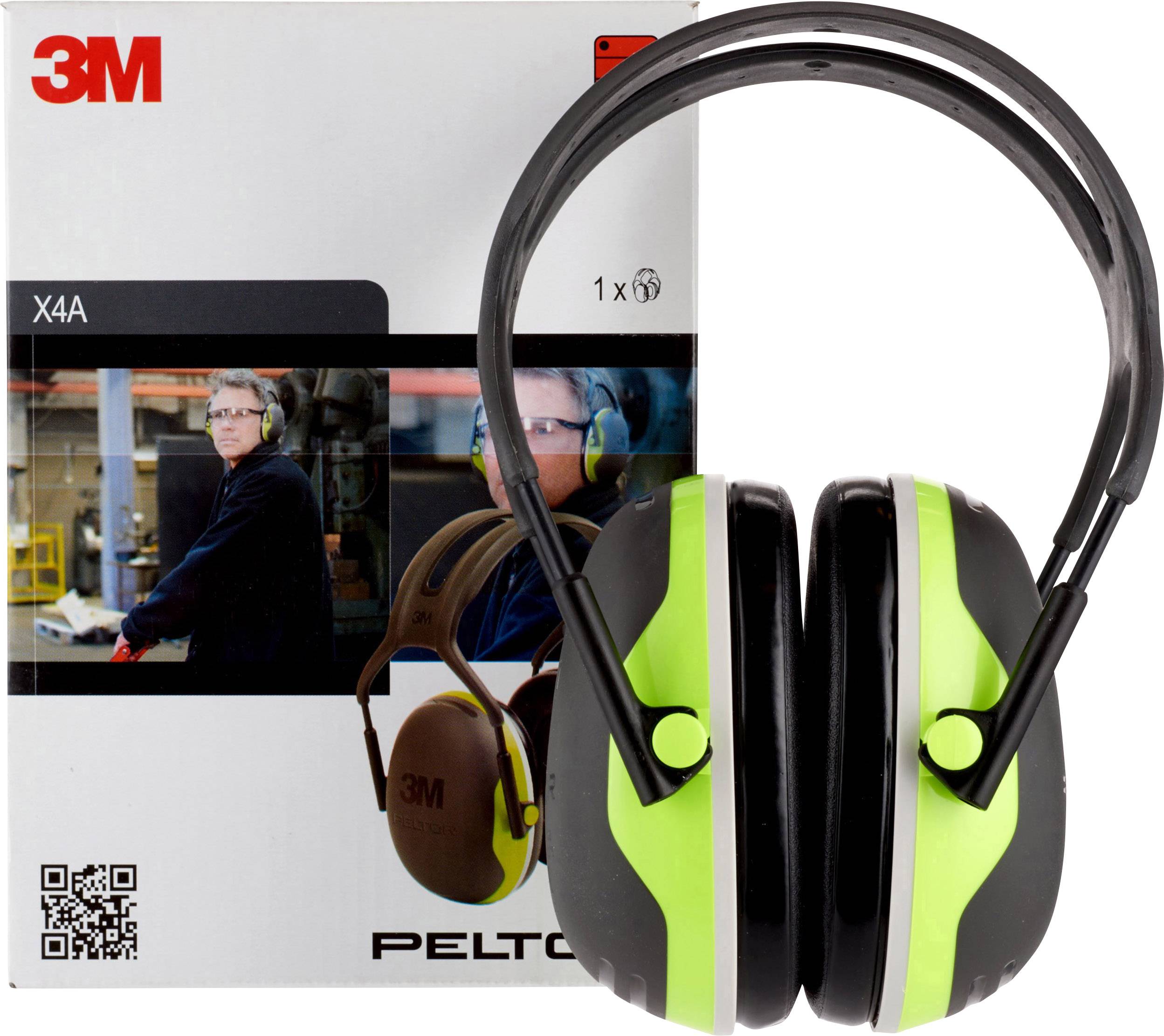 Abbildung eines 3M Gehörschutz-Kopfhörers in Grün und Schwarz, präsentiert vor einer Verpackung mit Werbebild und QR-Code.