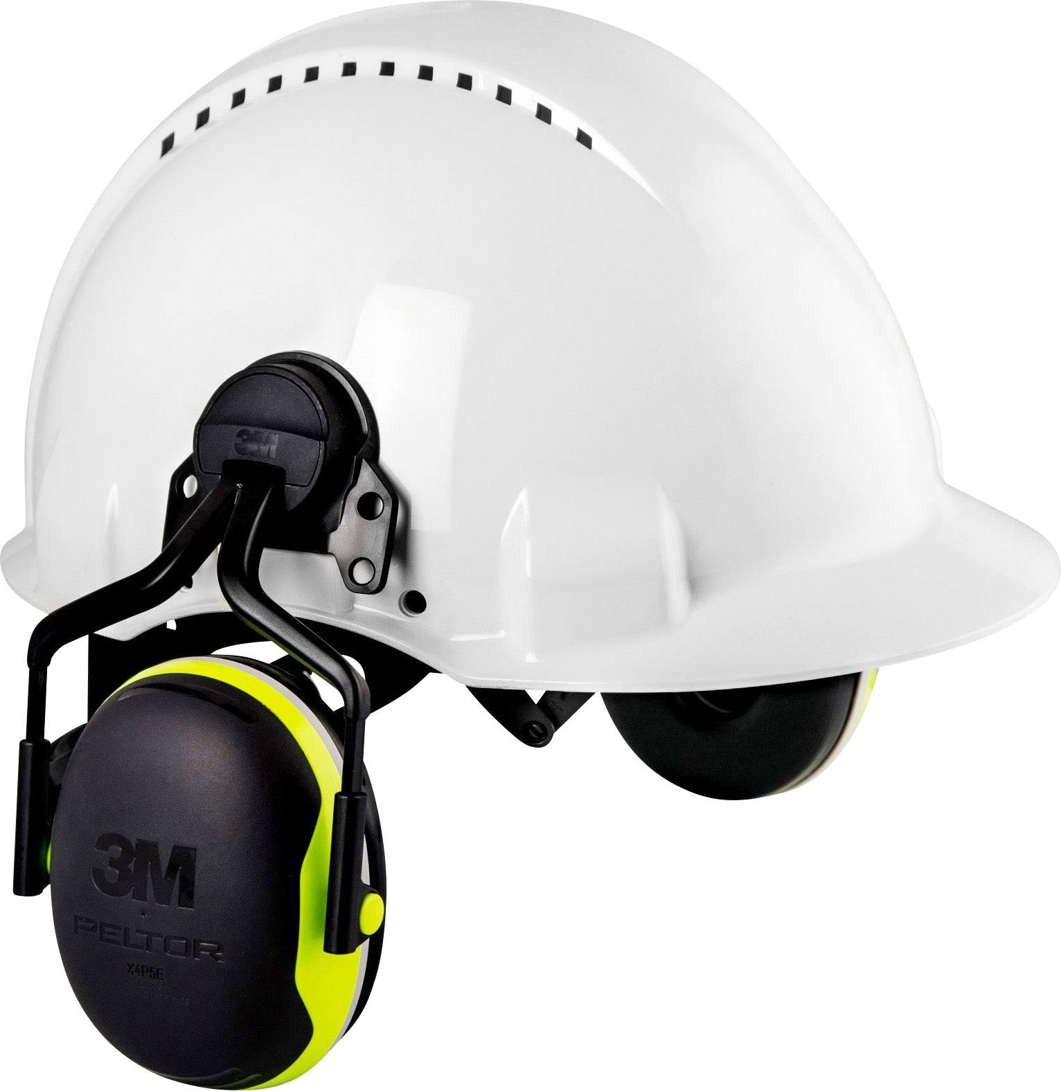 Weißer Schutzhelm mit integriertem schwarzen Gehörschutz von 3M, geeignet für Baustellenarbeit und laute Umgebungen.