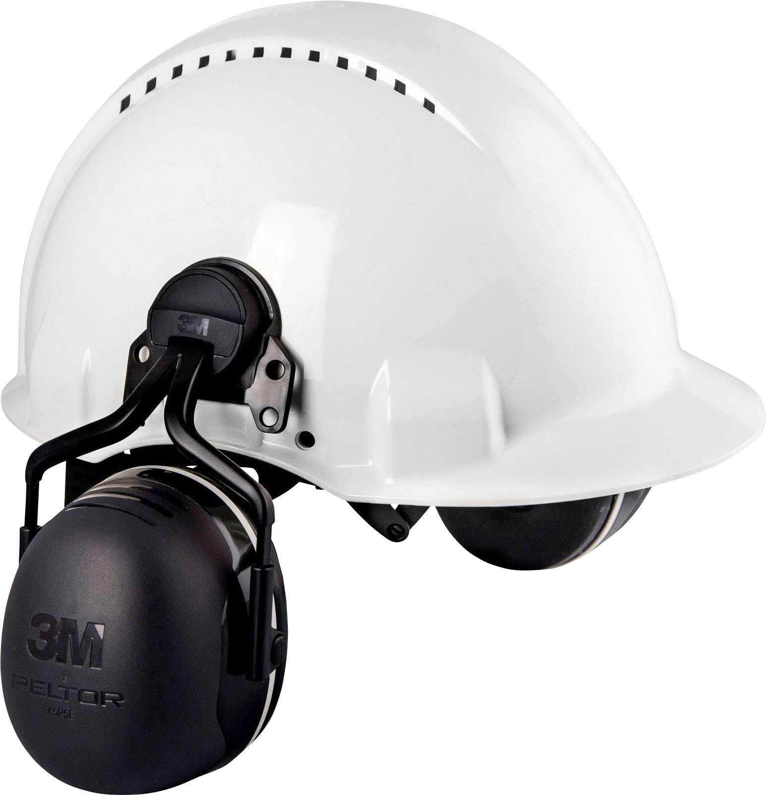 Weißer Schutzhelm mit schwarzen Lärmschutz-Kopfhörern, geeignet für Baustellen oder laute Arbeitsumgebungen.