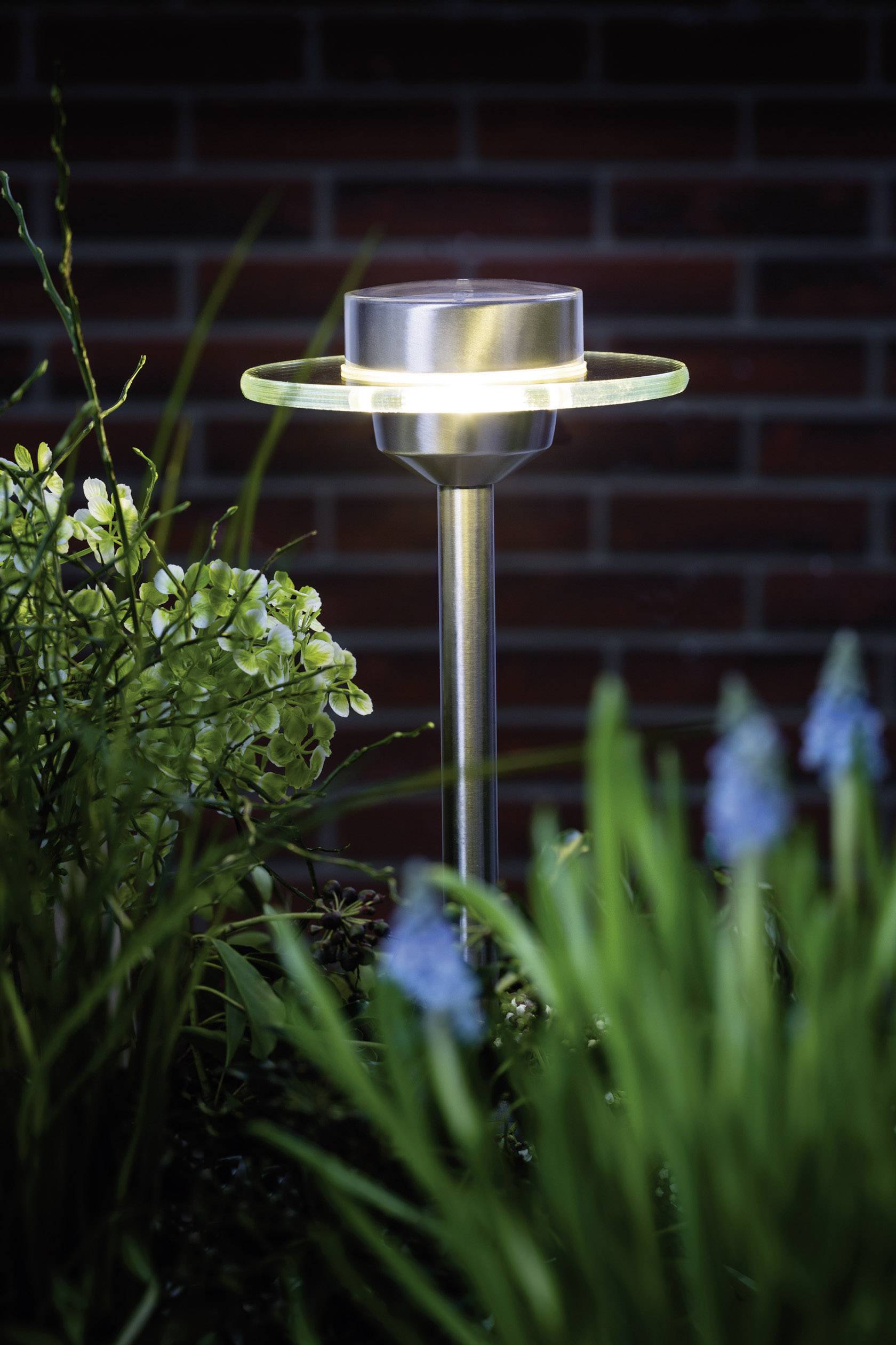 Solarlampe in einem Garten bei Nacht, umgeben von Pflanzen, mit einem Ziegelstein-Hintergrund.
