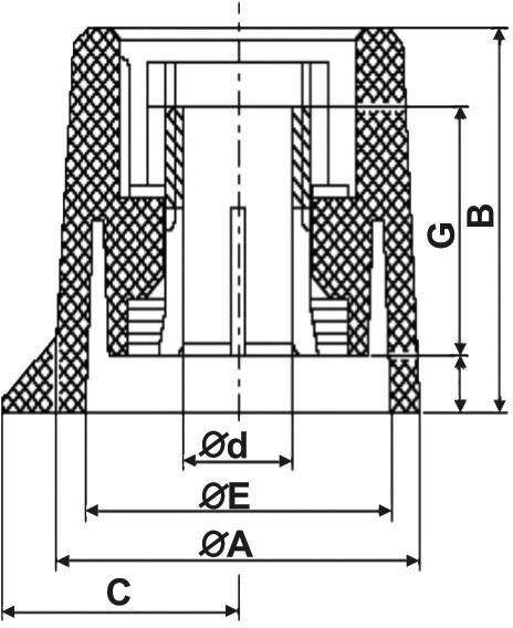 Technische Zeichnung eines Bauteils mit Maßangaben: C, Ød, ØE, ØA, G, B. Querschnitt zeigt Form und Aufbau.