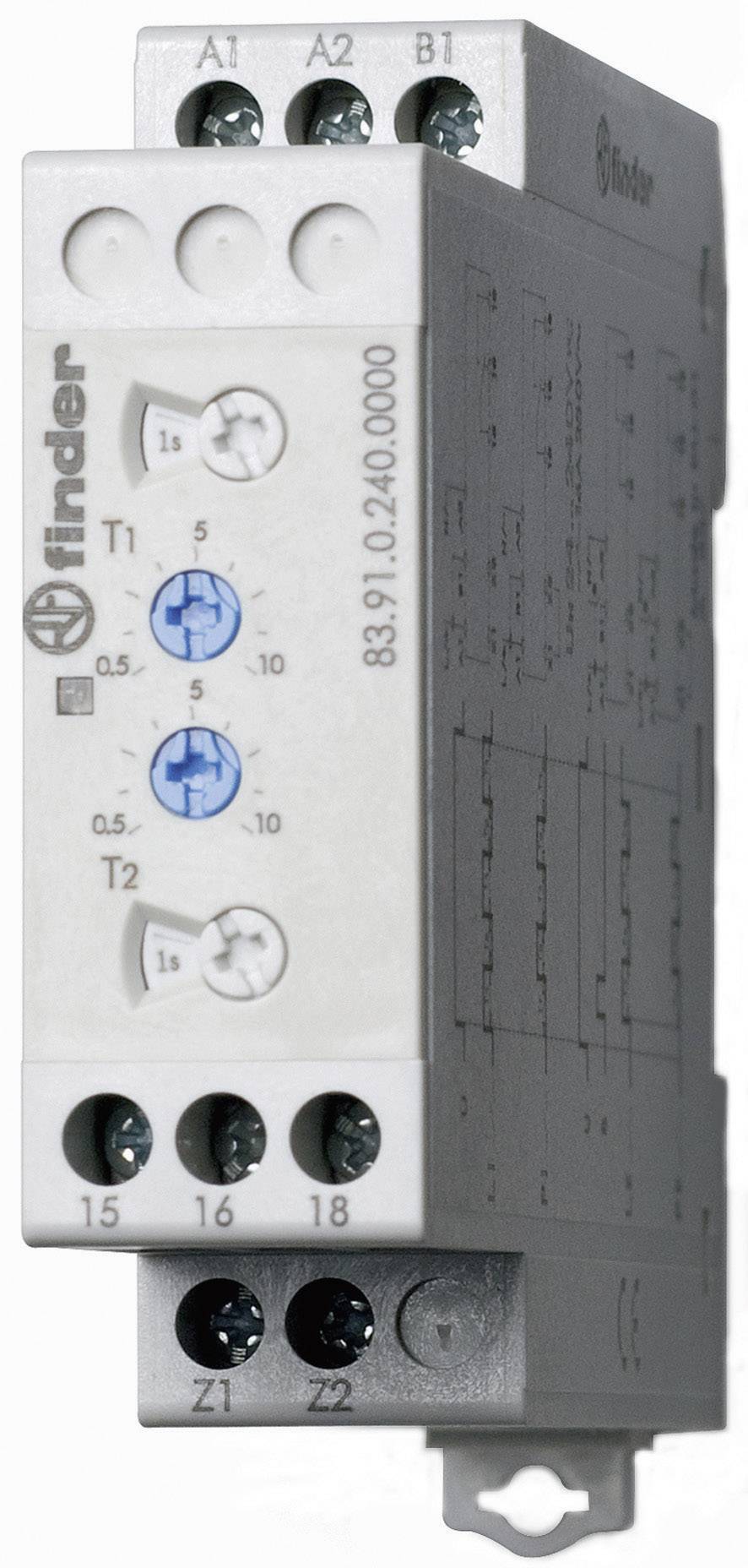 Ein Zeitrelais der Marke Finder, Modell 83.91, mit mehreren Anschlüssen für verschiedene Einstellungen und Funktionen. Geeignet für Schaltschränke.