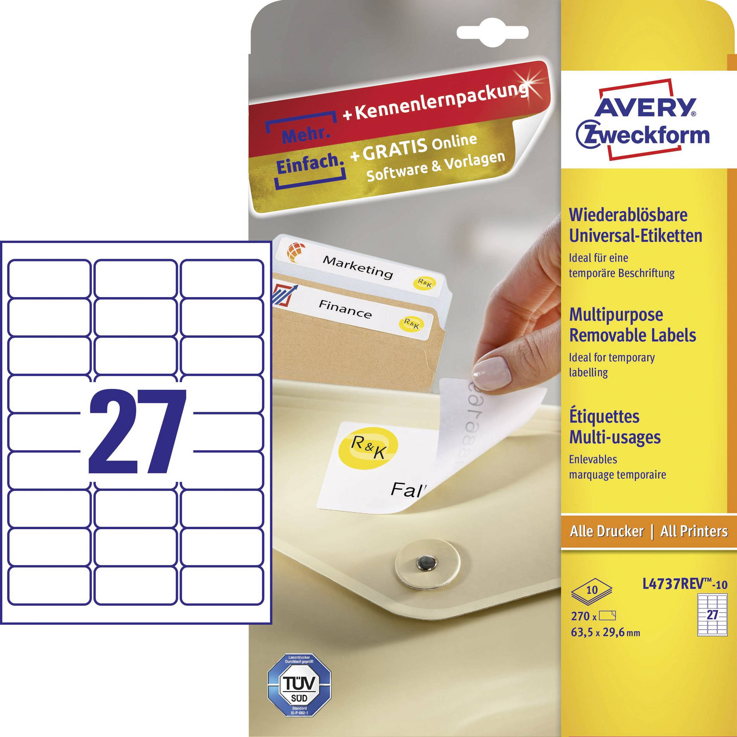 Avery-Zweckform L4737REV-10 Universal-Etiketten 63.5 x 29.6 mm Papier Weiß 270 St. Wiederablösbar Tintenstrahldrucker, Laserdrucker, Farblaserdrucke