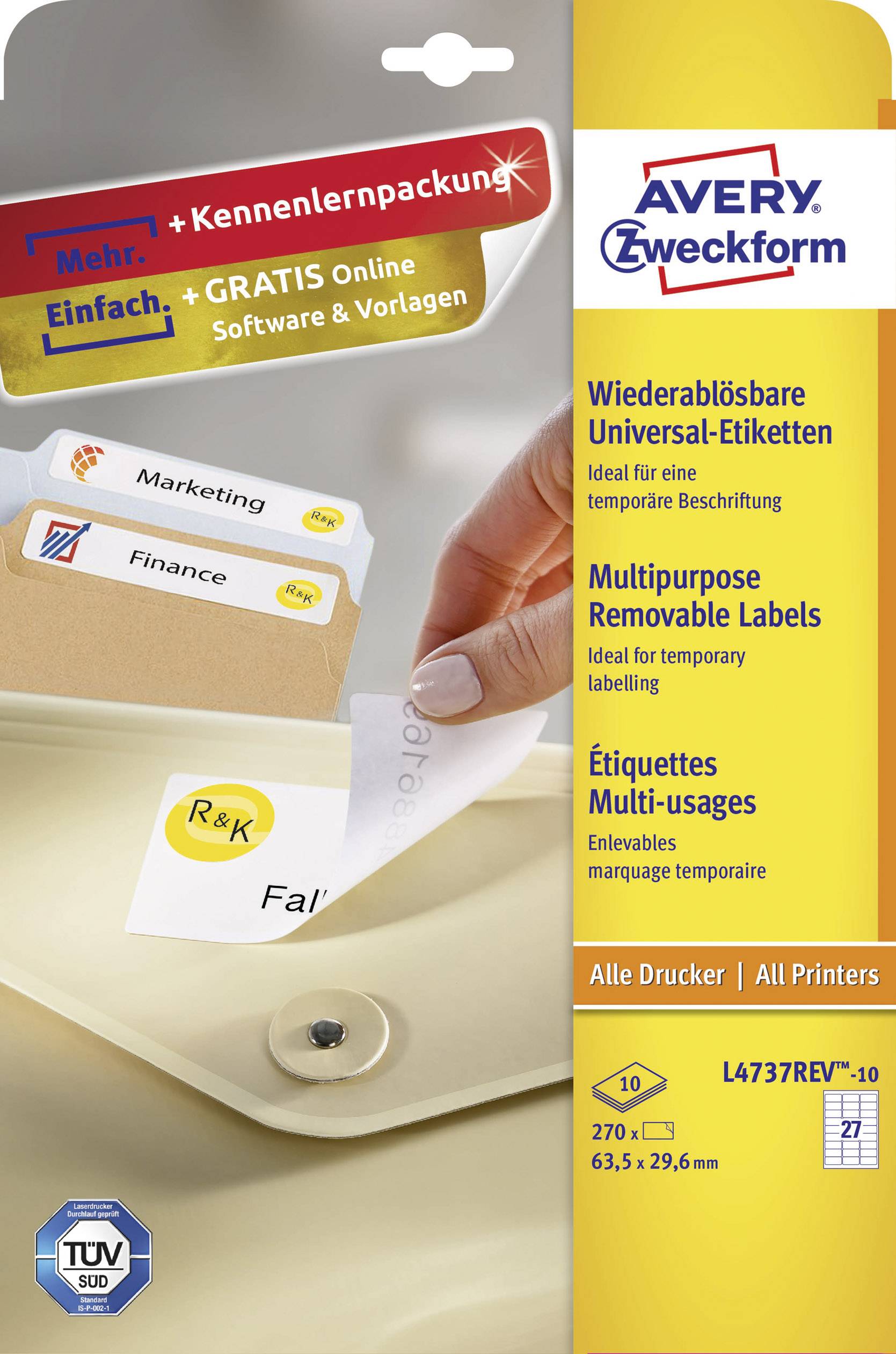 Avery-Zweckform L4737REV-10 Universal-Etiketten 63.5 x 29.6 mm Papier Weiß 270 St. Wiederablösbar Tintenstrahldrucker, Laserdrucker, Farblaserdrucke