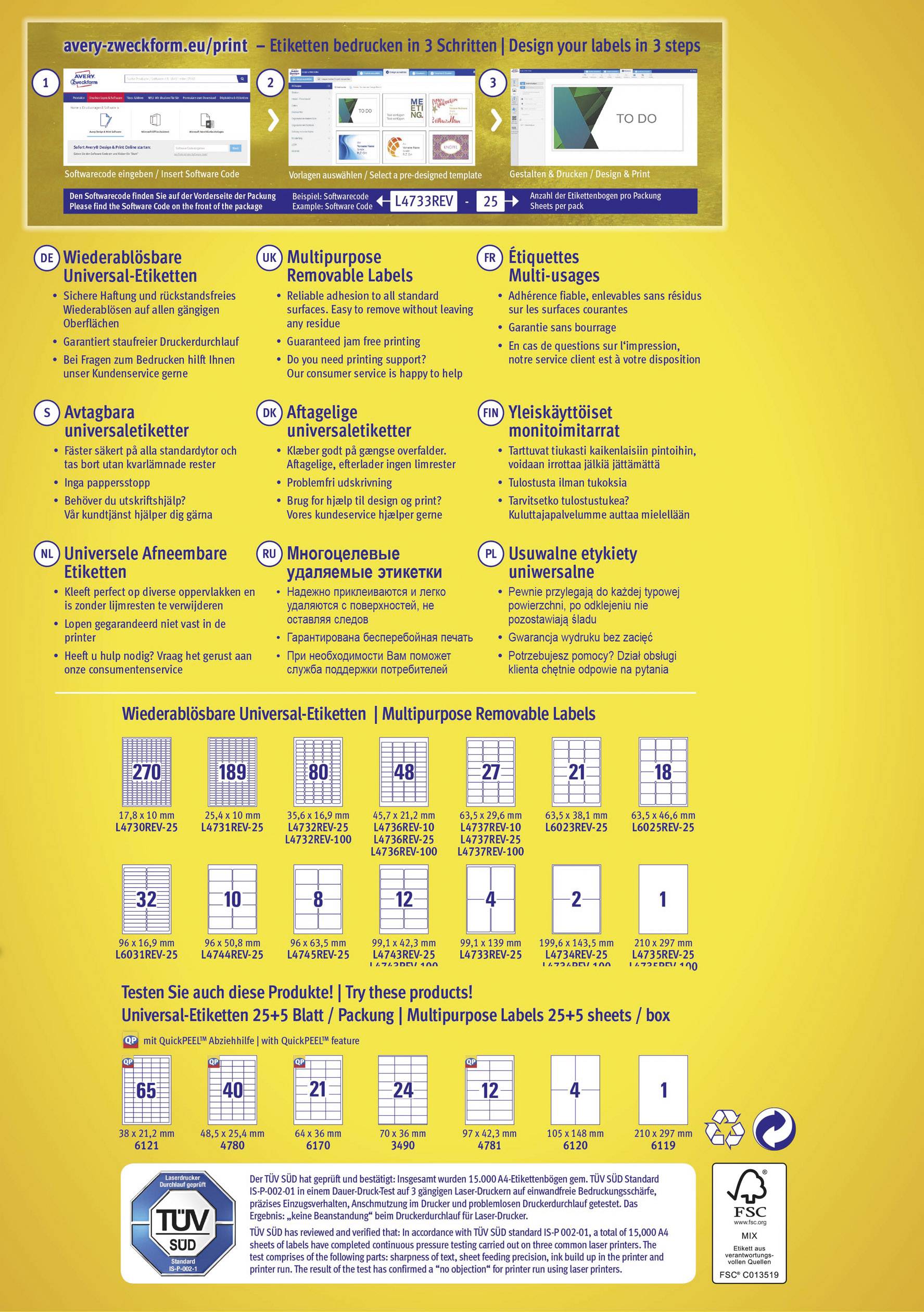 Avery-Zweckform L4737REV-10 Universal-Etiketten 63.5 x 29.6 mm Papier Weiß 270 St. Wiederablösbar Tintenstrahldrucker, Laserdrucker, Farblaserdrucke