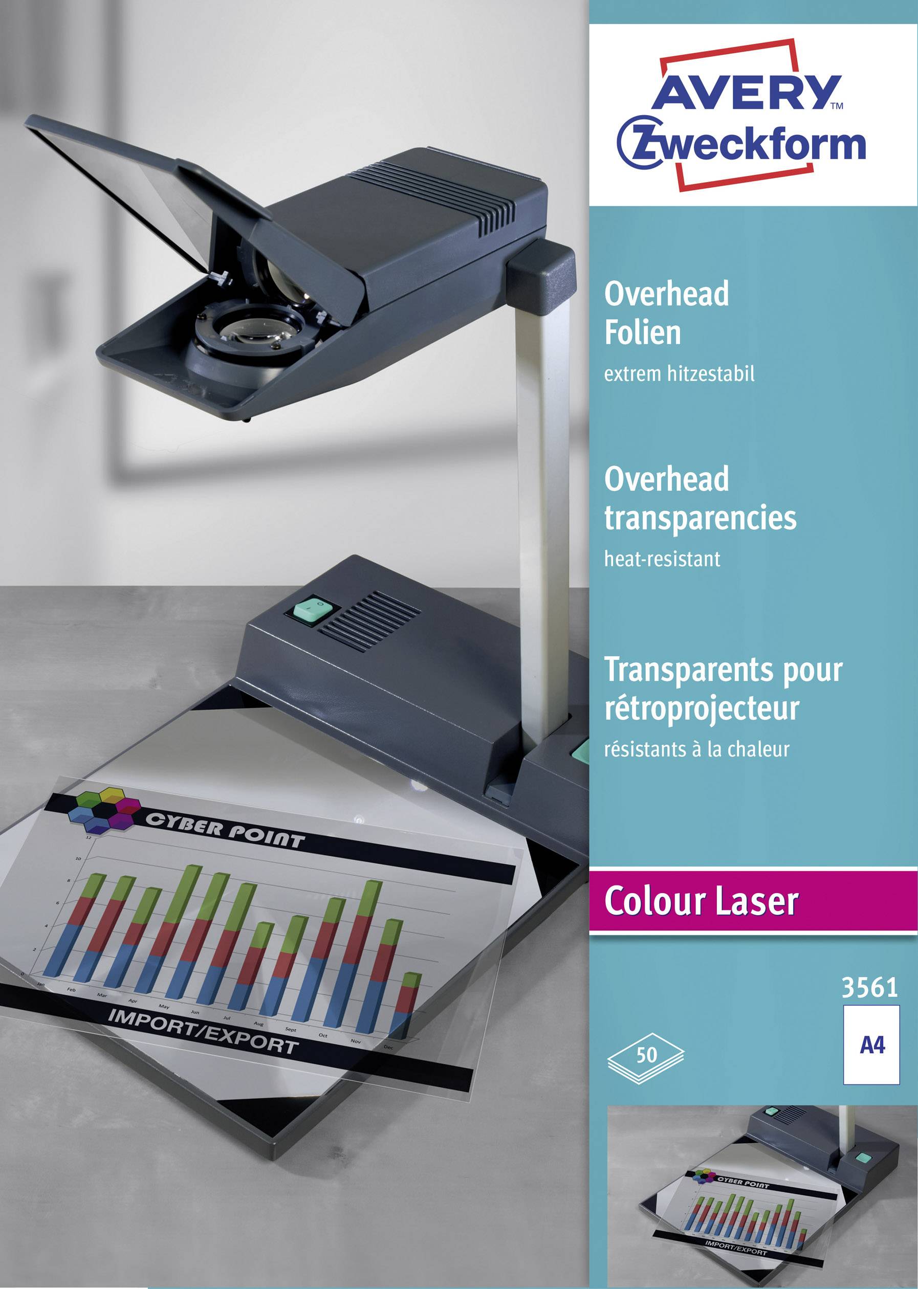 Avery-Zweckform 3561 Overhead-Projektor-Folie DIN A4 Laserdrucker, Farblaserdrucker, Kopierer, Farbkopierer Transparent 50St.