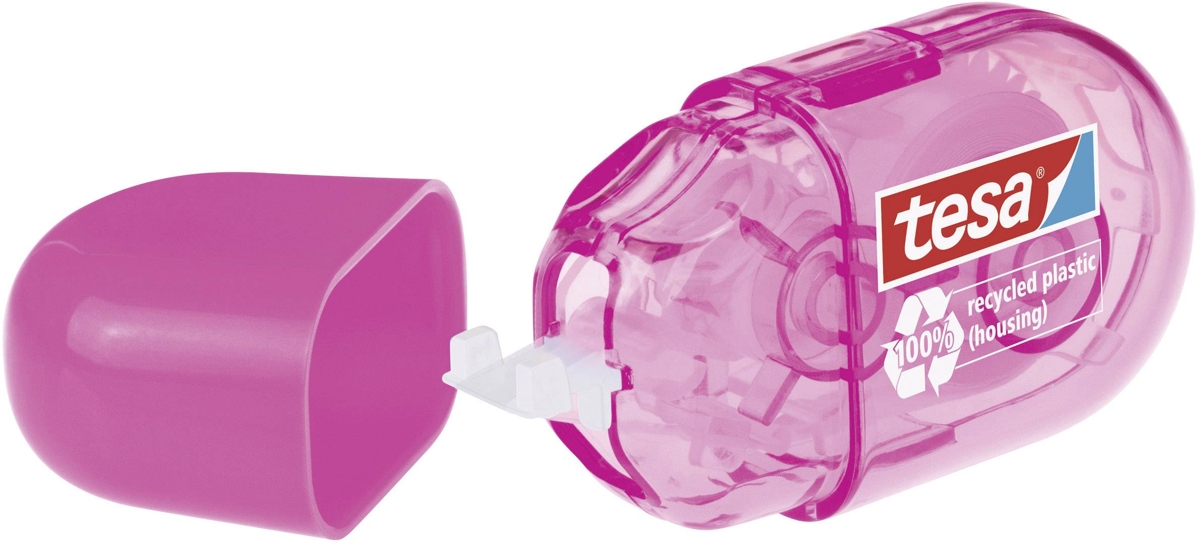 Ein pinker Korrekturroller von Tesa mit offenem Gehäuse, das zu 100% aus recyceltem Kunststoff besteht.
