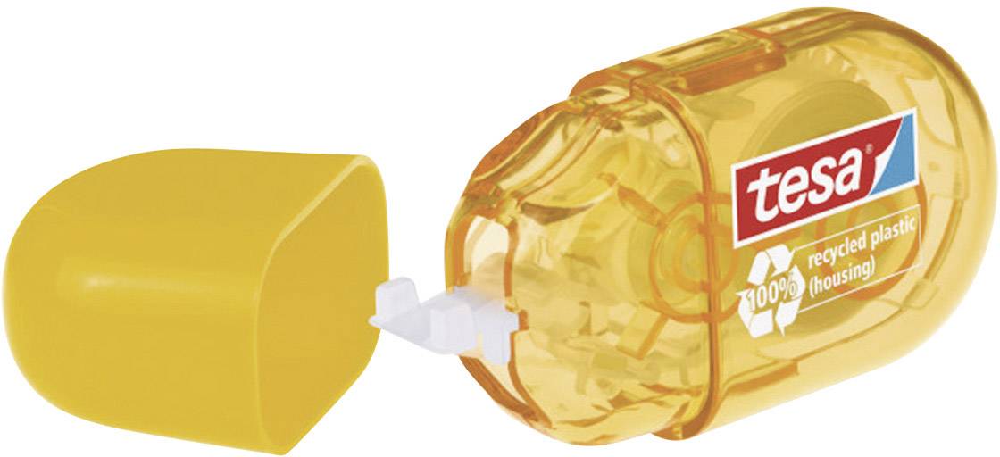 Kleberoller von Tesa mit abgenommener Kappe, transparentes Gehäuse, Aufschrift '100% recycelter Kunststoff', rechte Seite geöffnet.