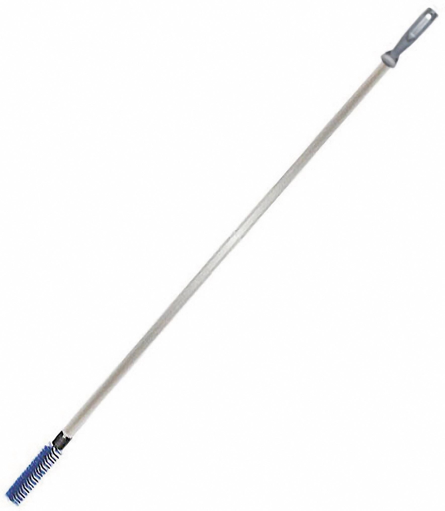 Ein langstieliger Eis- und Schneebesen mit blauer Borste und grauem Griff, ideal zum Entfernen von Schnee von Fahrzeugen.