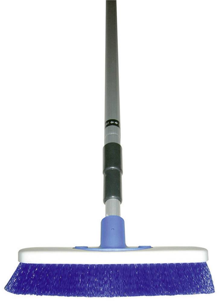 Ein Besen mit blauem Borsten und langem silbernem Griff, geeignet für Reinigungsarbeiten.