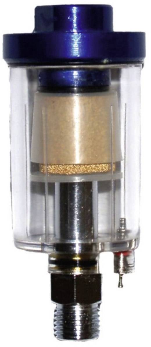 Ein transparenter Luftfilter mit blauer Kappe, Metallanschluss unten und einem Filterelement im Inneren, zur Reinigung von Luftleitungen.