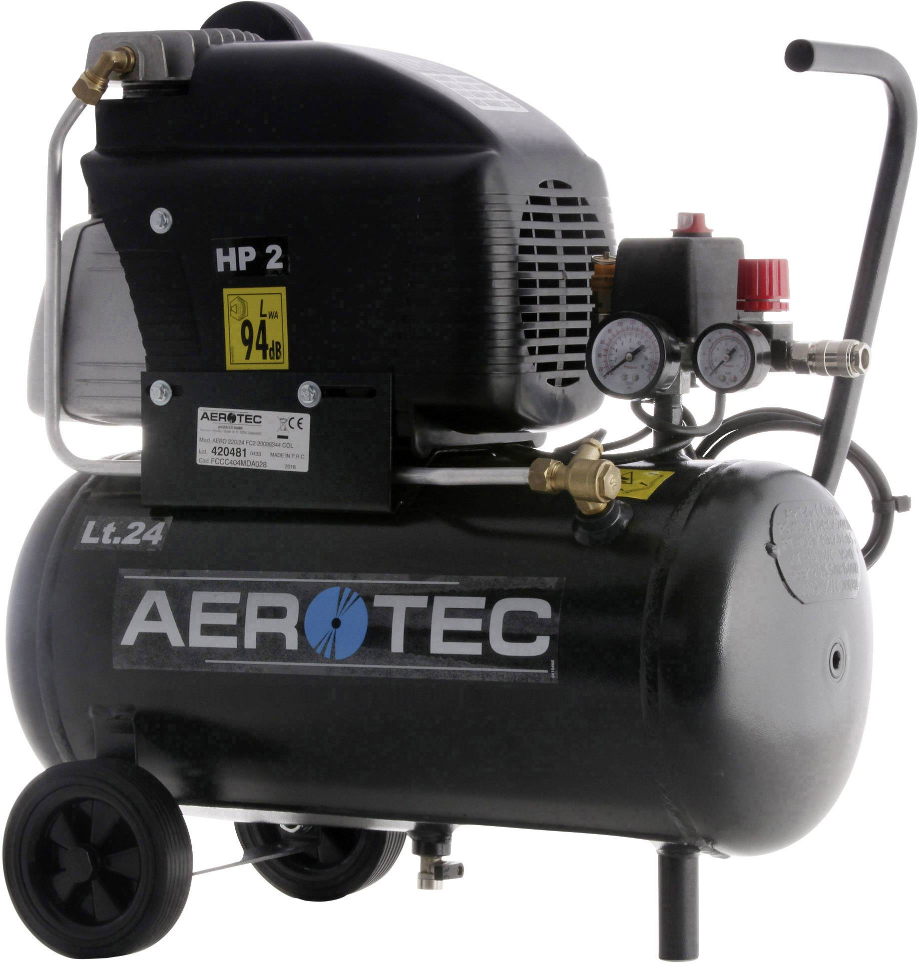 Ein tragbarer Luftkompressor von Aerotec mit Druckanzeige, Ventil und Handgriff. Das Modell ist 'Lt.24' mit 94 dB Schalldruck.