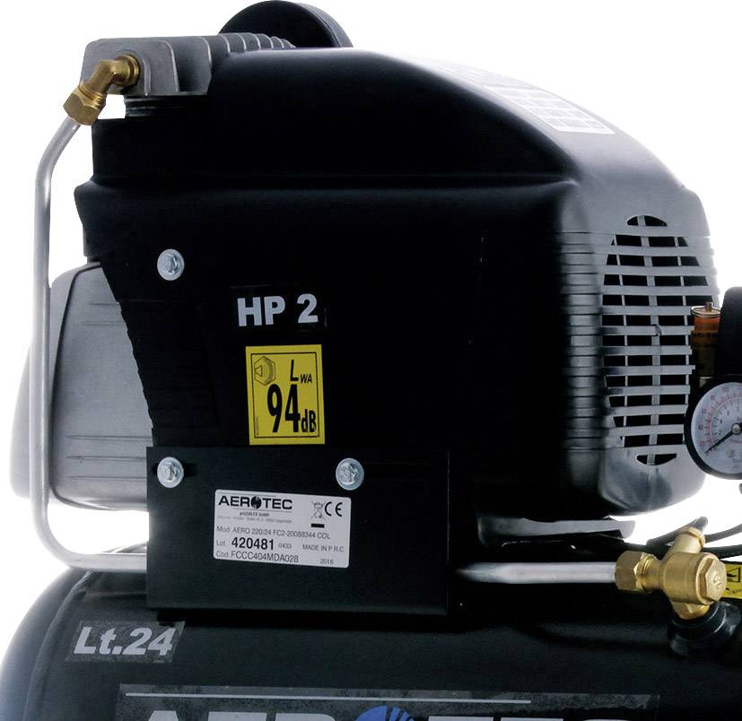 Ein schwarzer Luftkompressor mit Druckanzeige, Modellbezeichnung 'HP 2', Geräuschpegel 94 dB, Gold- und Silberanschlüsse, Metallschild mit technischen Daten.