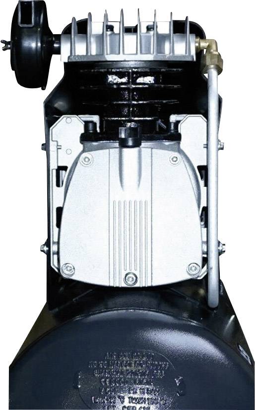 Kompressor mit silbernem Zylinderkopf, schwarzem Körper und Kühlrippen. Oben befindet sich ein schwarzer Griff, rechts ein Metallrohr.