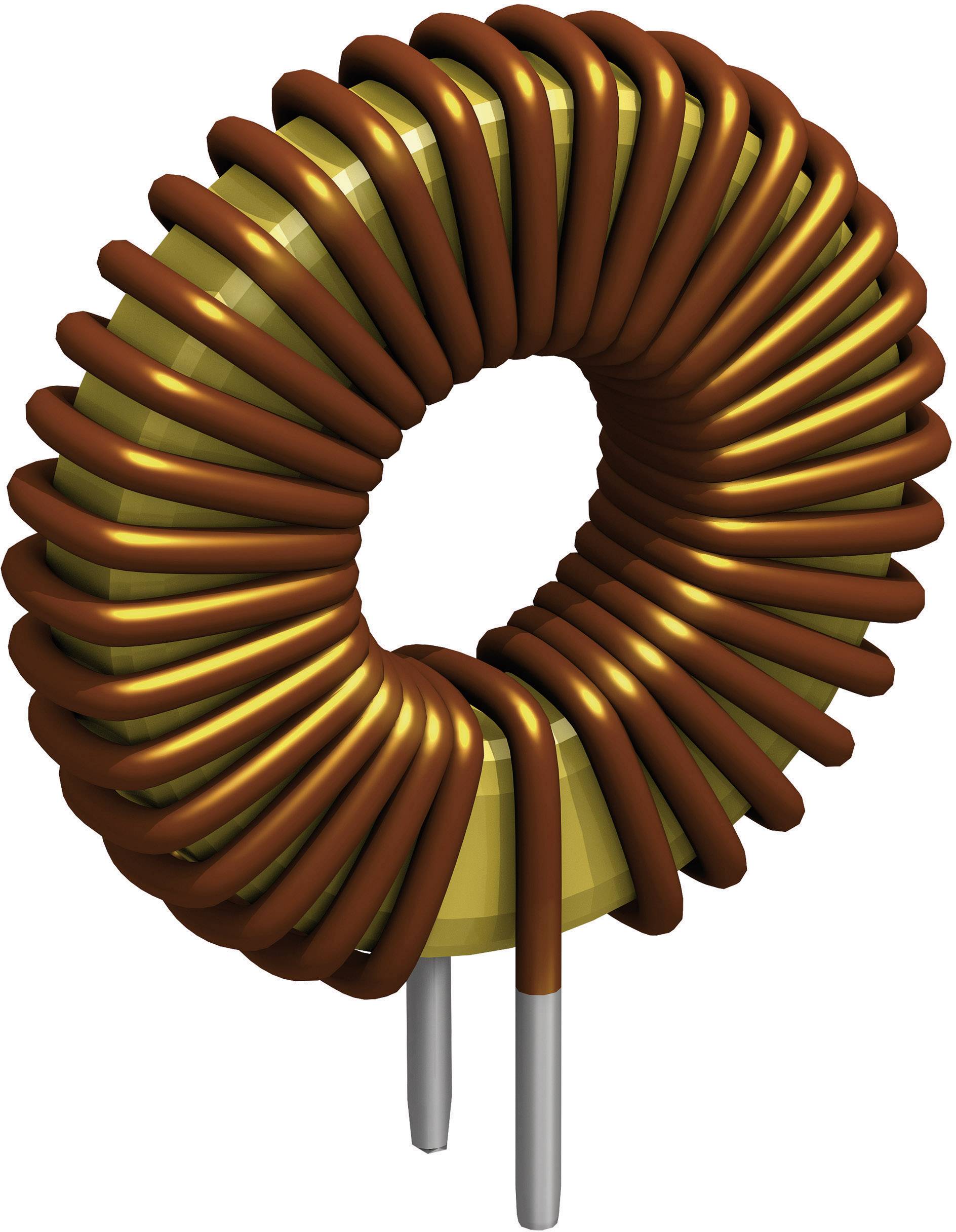Ein toroidaler Induktor mit Kupferspule um einen ringförmigen Kern, typisches Bauteil in elektronischen Schaltungen zur Induktivitätserzeugung.