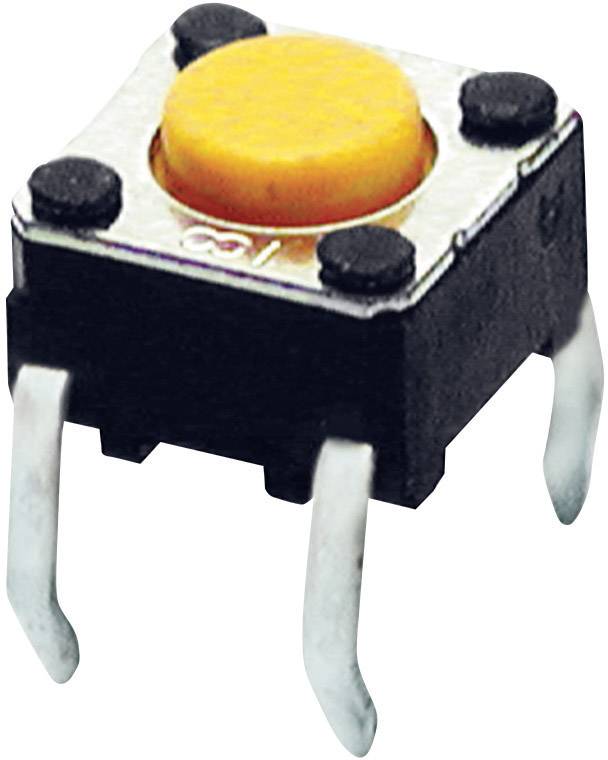Taktschalter mit gelbem Knopf und vier Metallanschlüssen für elektronische Schaltungen.