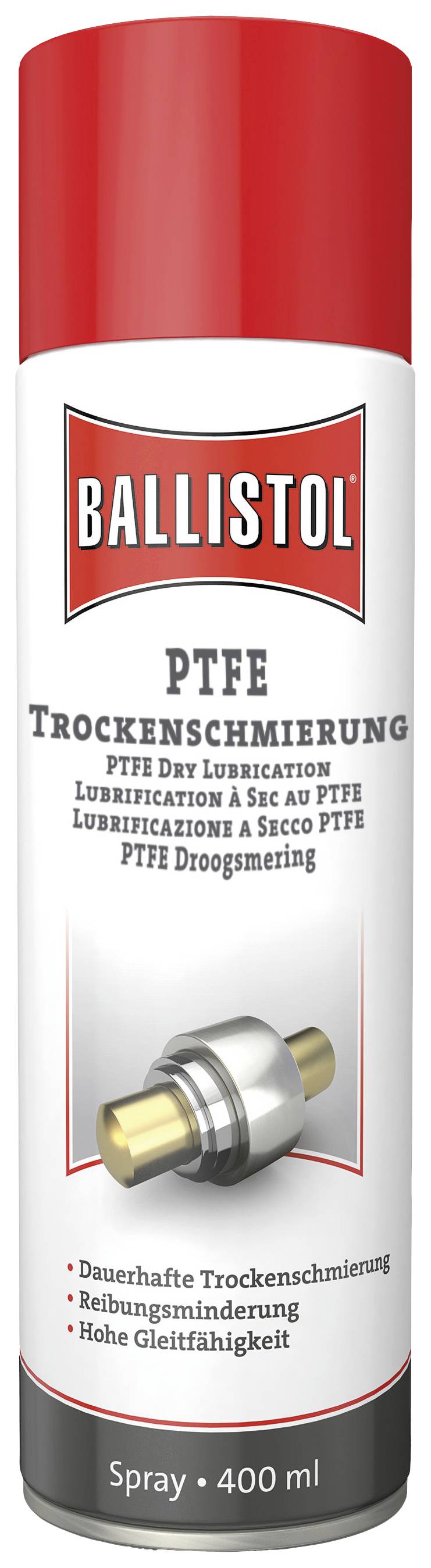 Sprühdose mit der Aufschrift 'Ballistol PTFE Trockenschmierung'. Verspricht dauerhafte Trockenschmierung, Reibungsminderung und hohe Gleitfähigkeit. Enthält 400 ml.