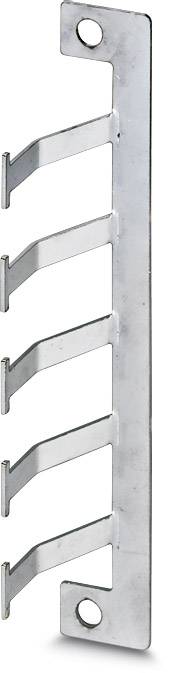 Metallplatte mit fünf hervorstehenden Haken und zwei Befestigungslöchern. Geeignet zur Halterung von Gegenständen an einer Wand.