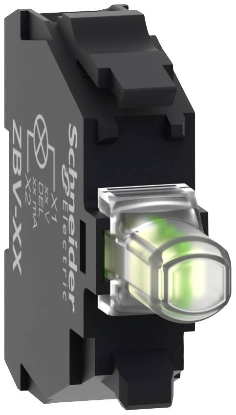 Ein grünes LED-Lichtmodul mit der Aufschrift 'Schneider Electric' und der Modellnummer 'ZBV-XX' auf schwarzem Gehäuse.
