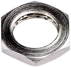 Eine sechseckige Metallmutter aus Stahl, die als Befestigungselement in der Mechanik verwendet wird. Sie hat ein Innengewinde.