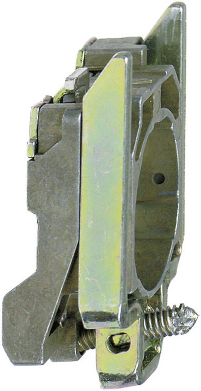 Metallisches Bauteil seitlich fotografiert, bestehend aus einer rechteckigen Basis und einem mittig platzierten zylindrischen Element.