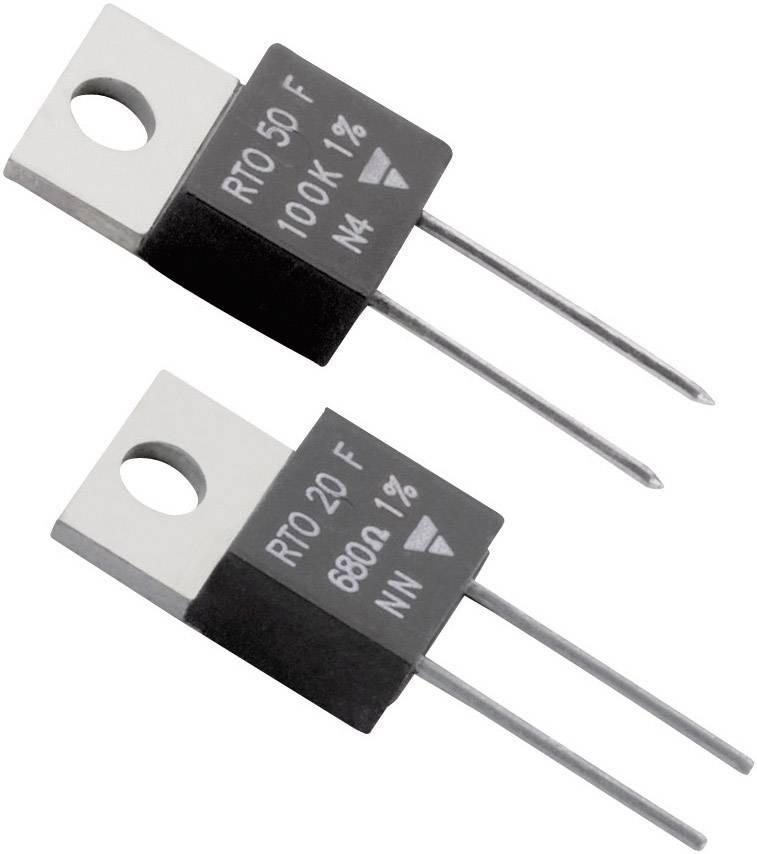Zwei elektronische Widerstände mit silbernen und schwarzen Gehäusen. Beschriftung zeigt Werte: '100K 1%' und '680Ω 1%'.