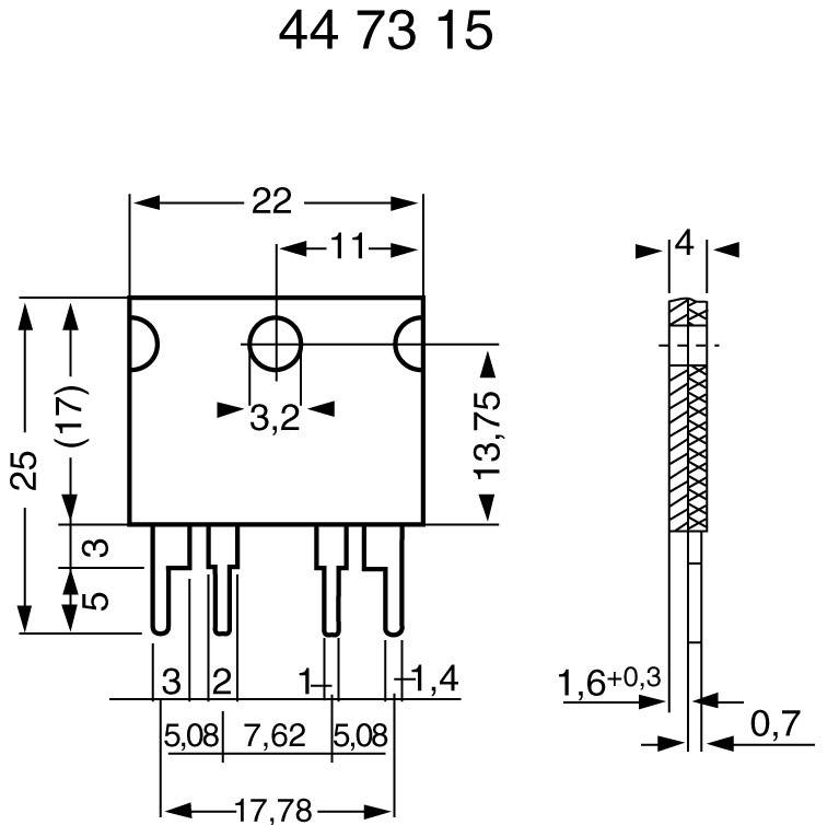 Technische Zeichnung eines elektronischen Bauteils mit genauen Maßangaben in Millimetern. Sechs Pins, Draufsicht und Seitenansicht.