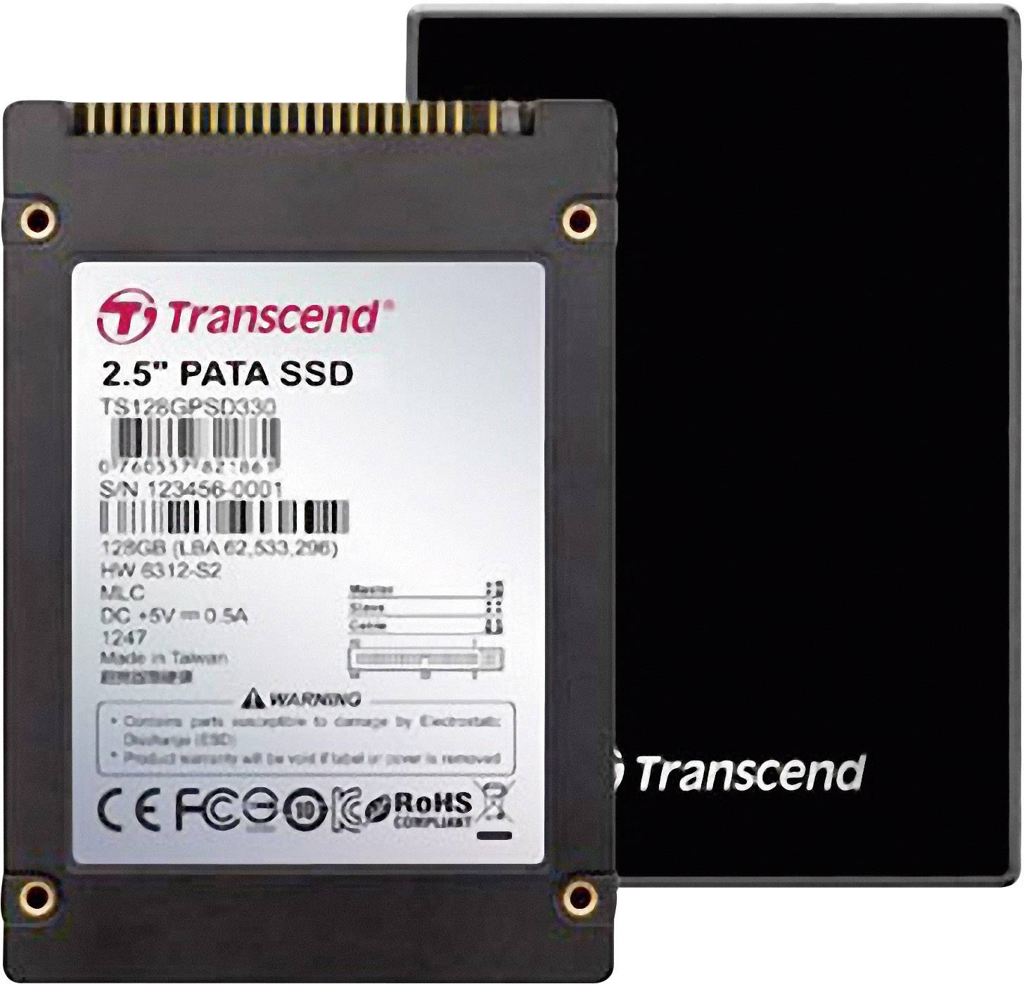 Eine 2,5-Zoll PATA SSD von Transcend. Die Vorderseite zeigt ein Etikett mit technischen Spezifikationen, die Rückseite ist schwarz.