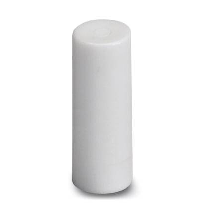 Ein einfacher, zylindrischer, weißer Plastikstopfen mit glatter Oberfläche.
