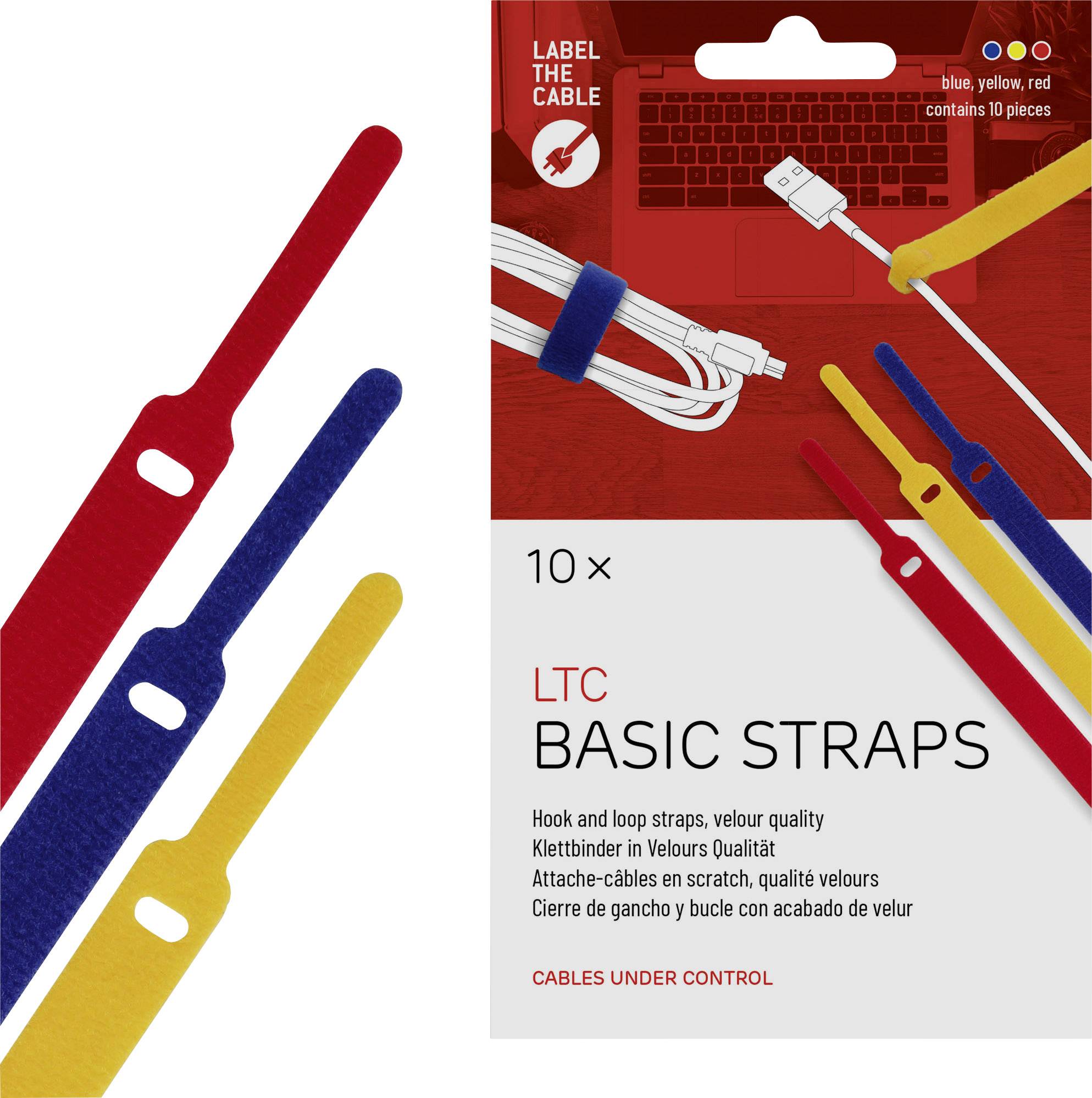 Verpackung mit Klettbändern in Rot, Blau und Gelb, zum Ordnen von Kabeln. Enthält zehn Stück. Markenname 'LTC Basic Straps'.