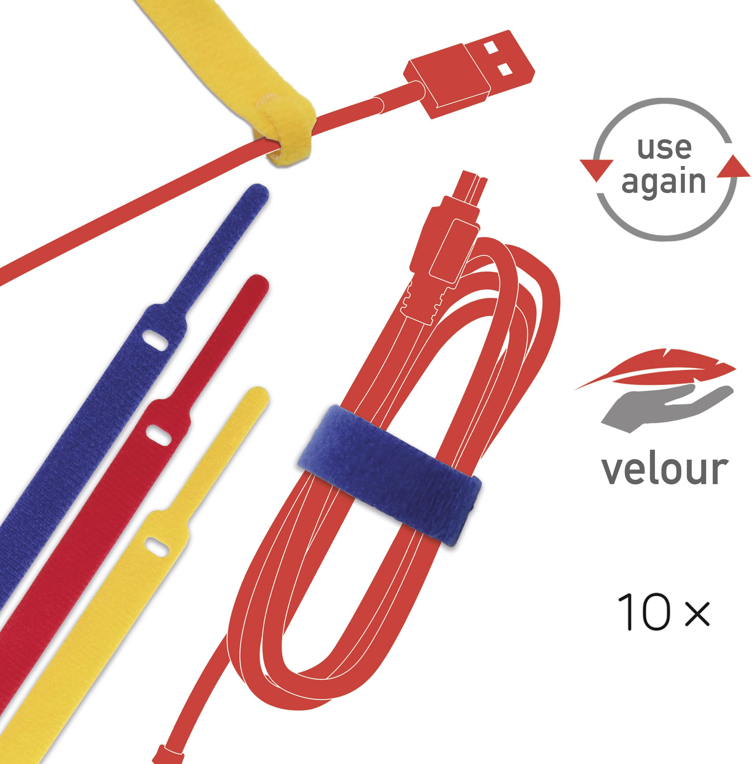 Verschiedene farbige Kabelbinder aus Klett mit USB-Kabel, wiederverwendbar, für Kabelmanagement, 10er-Set, Velours-Material.