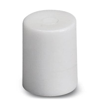 Ein weißer zylindrischer Gummistopfen mit flacher Oberseite steht aufrecht auf einer glatten Oberfläche.