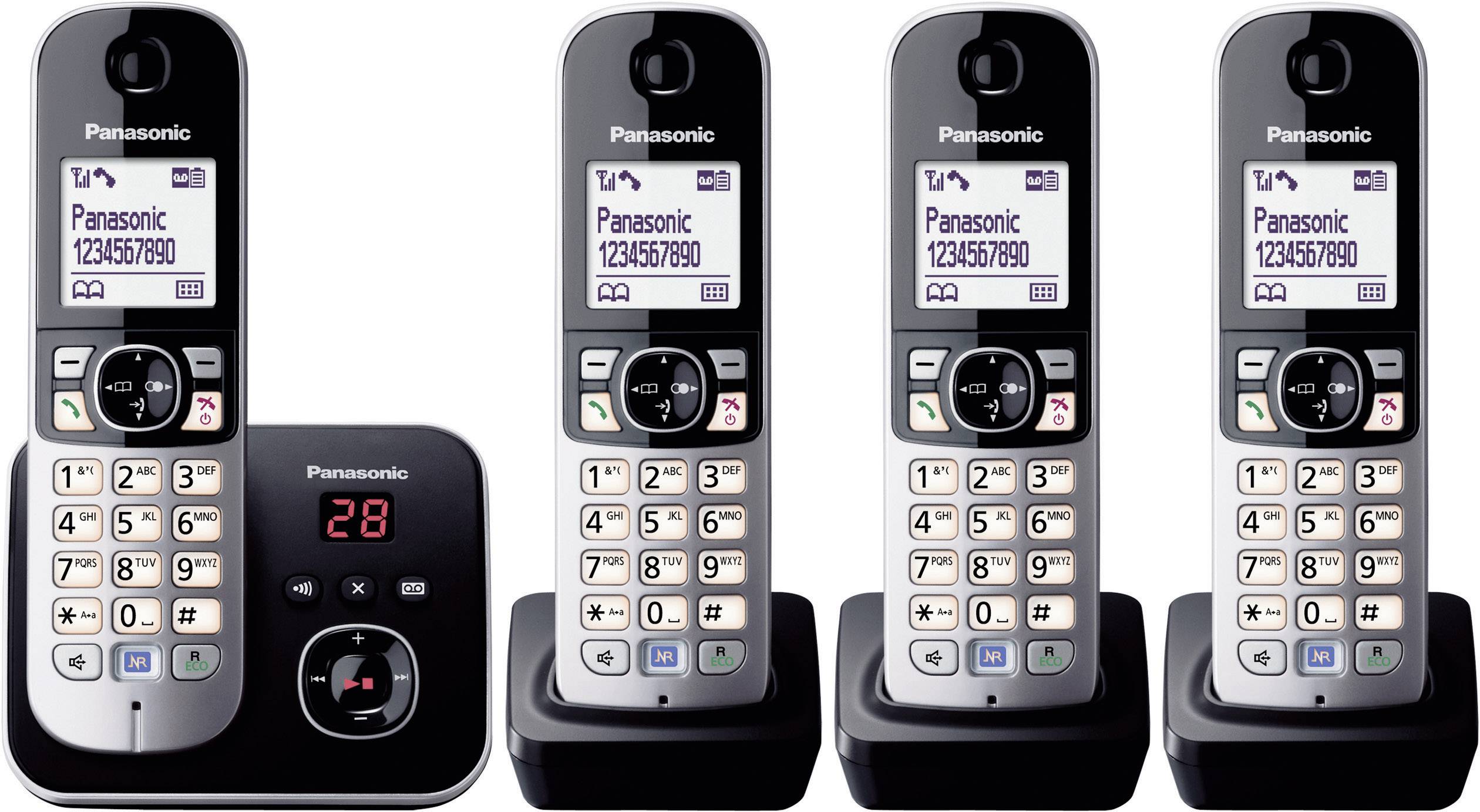 Panasonic KX-TG6824 Quattro DECT, GAP Schnurloses Telefon analog Anrufbeantworter, Freisprechen Schwarz, Silber
