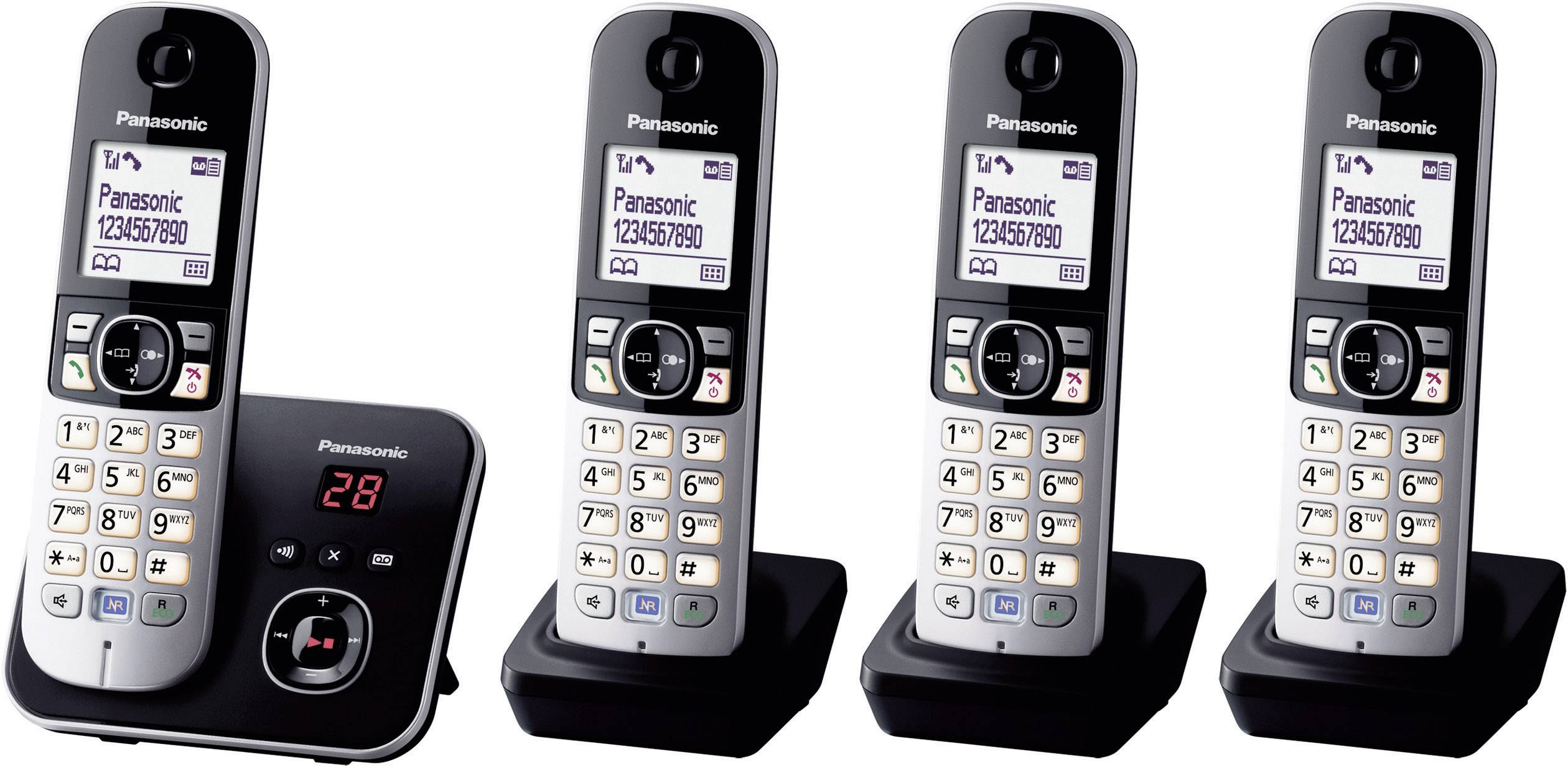 Panasonic KX-TG6824 Quattro DECT, GAP Schnurloses Telefon analog Anrufbeantworter, Freisprechen Schwarz, Silber