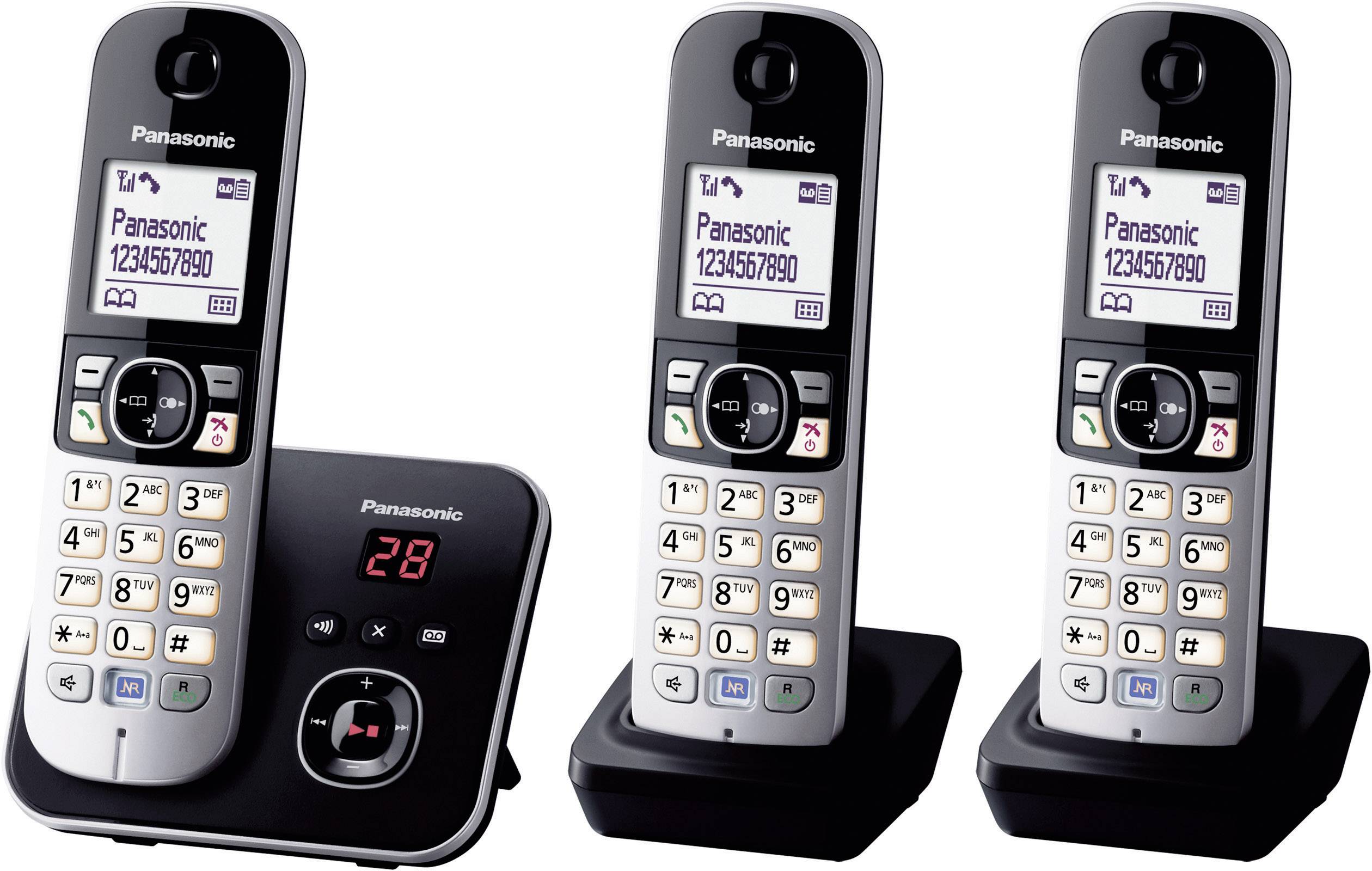 Drei schnurlose Telefone mit Display und Tastenfeld auf Ladestationen. Die Basisstation zeigt die Zahl '28' an.