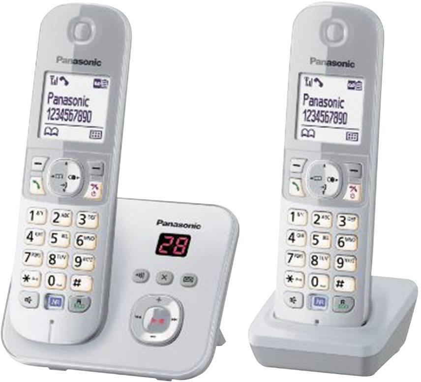 Zwei schnurlose Telefone mit Basisstation, Anzeige von Telefonnummer und Anrufliste auf den Bildschirmen. White, modernes Design.
