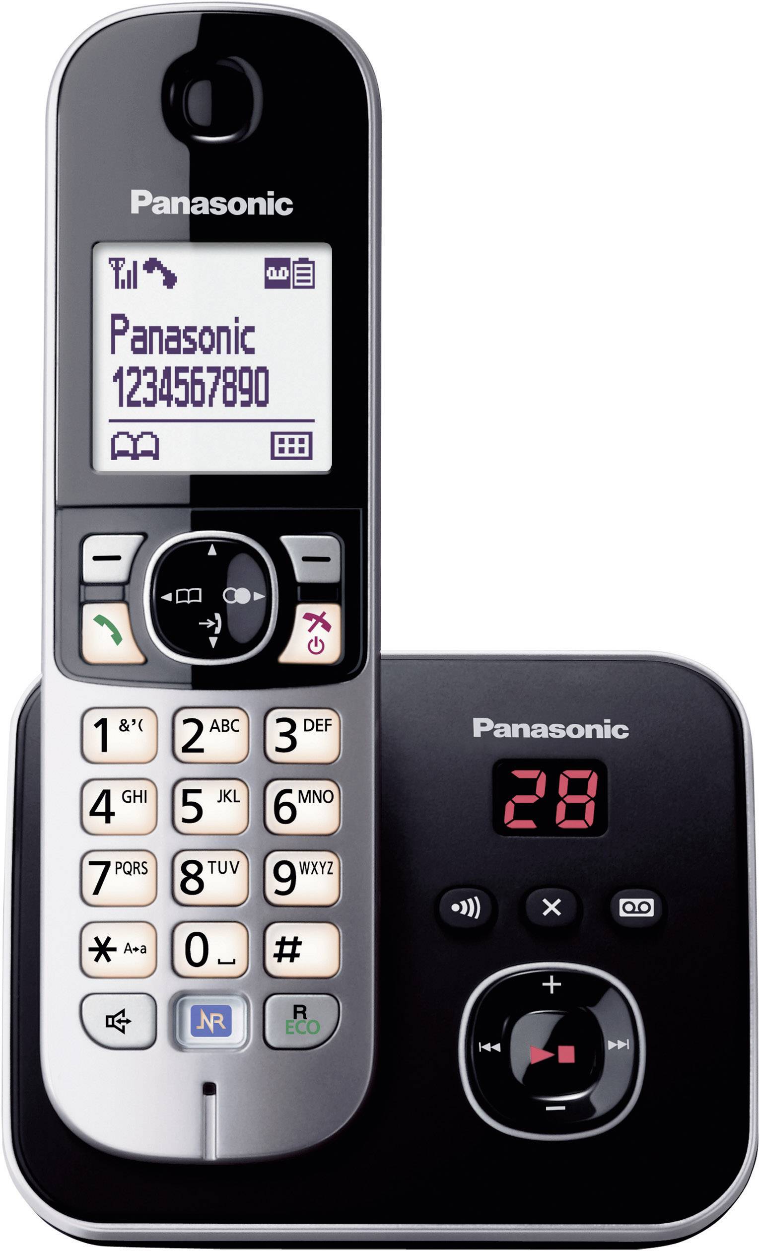 Kabelloses Panasonic-Telefon mit Display, Tastenfeld, digitalem Anrufbeantworter, beleuchtetem Display und Nachrichtenanzeige auf der Basisstation.