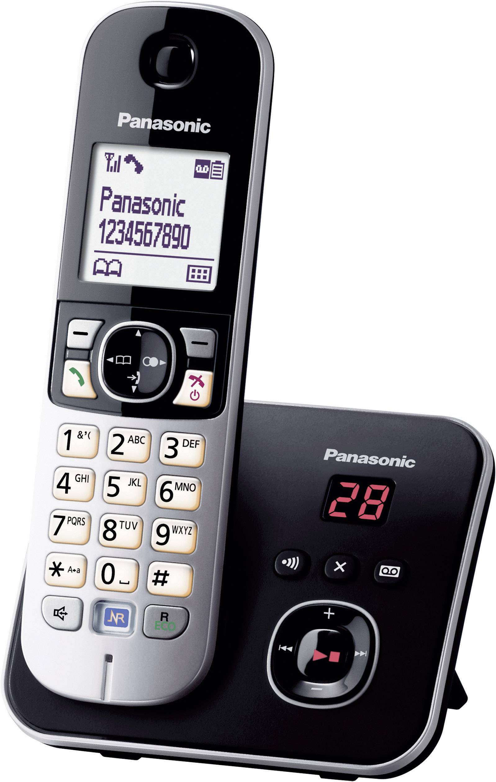 Schnurloses Telefon von Panasonic auf einer Basisstation, Display zeigt 'Panasonic 1234567890'. Tasten inkl. Nummern und Funktionen sichtbar.
