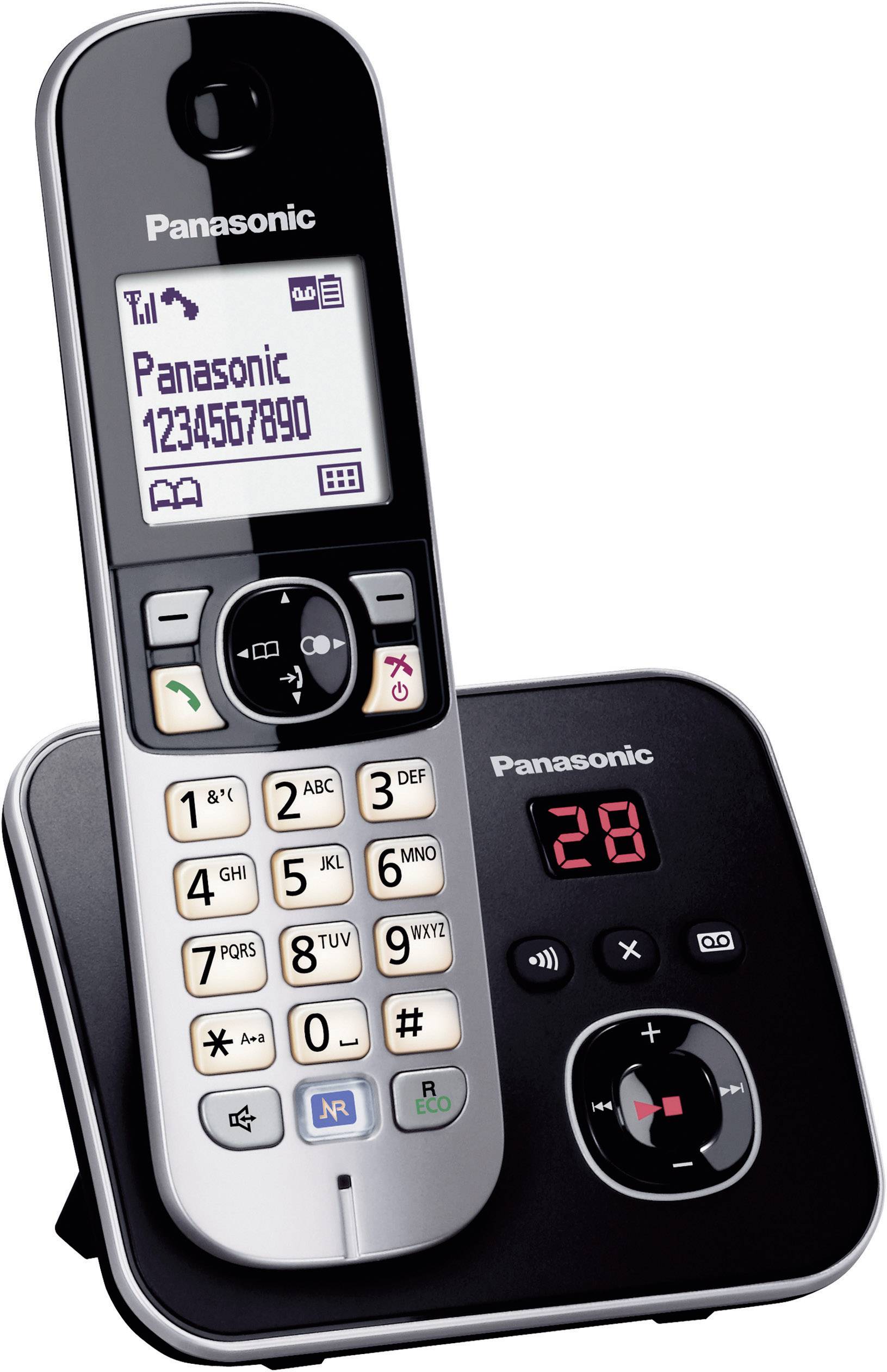Schnurloses Telefon der Marke Panasonic mit beleuchteten Tasten und digitalem Anrufbeantworter auf der Basisstation.