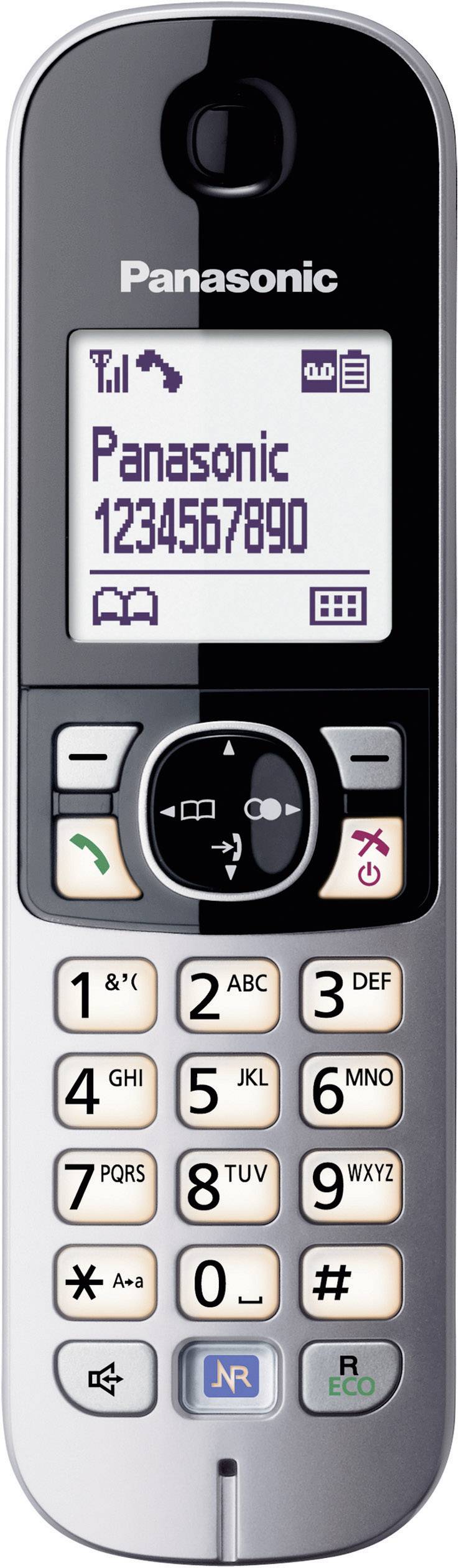 Schnurlos-Telefon mit Display zeigt 'Panasonic 1234567890'. Tastenfeld darunter, inklusive Wähltasten und Funktionstasten.