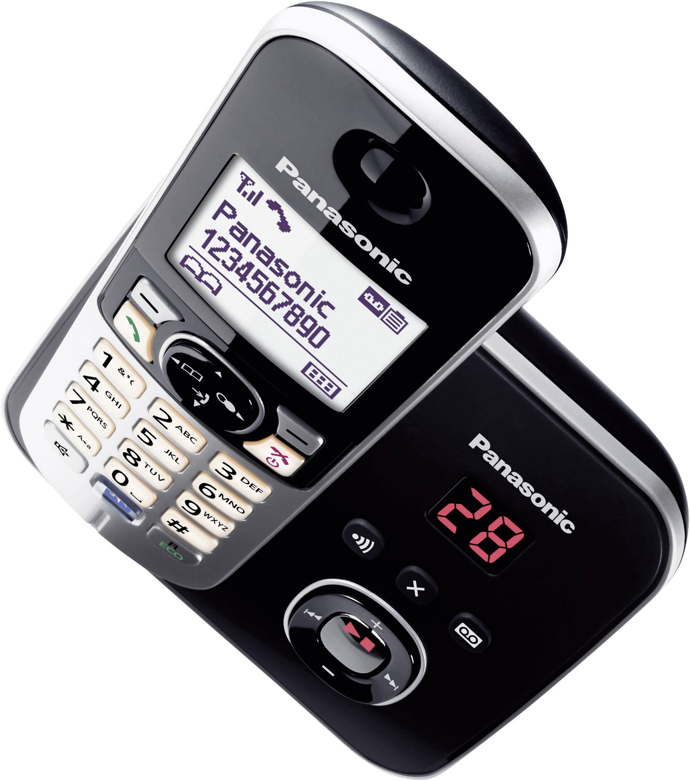 Kabelloses Telefon von Panasonic mit digitalem Anrufbeantworter. Das Display zeigt eine Telefonnummer. Tasten und Bedienelemente sind deutlich sichtbar.
