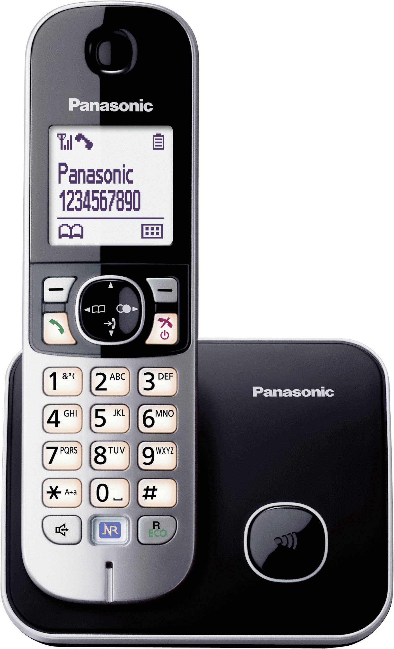 Schnurloses Telefon mit Basisstation und beleuchtetem Display. Zeigt Telefonnummer '1234567890' an. Tastenfeld mit Zahlen und Symbolen.