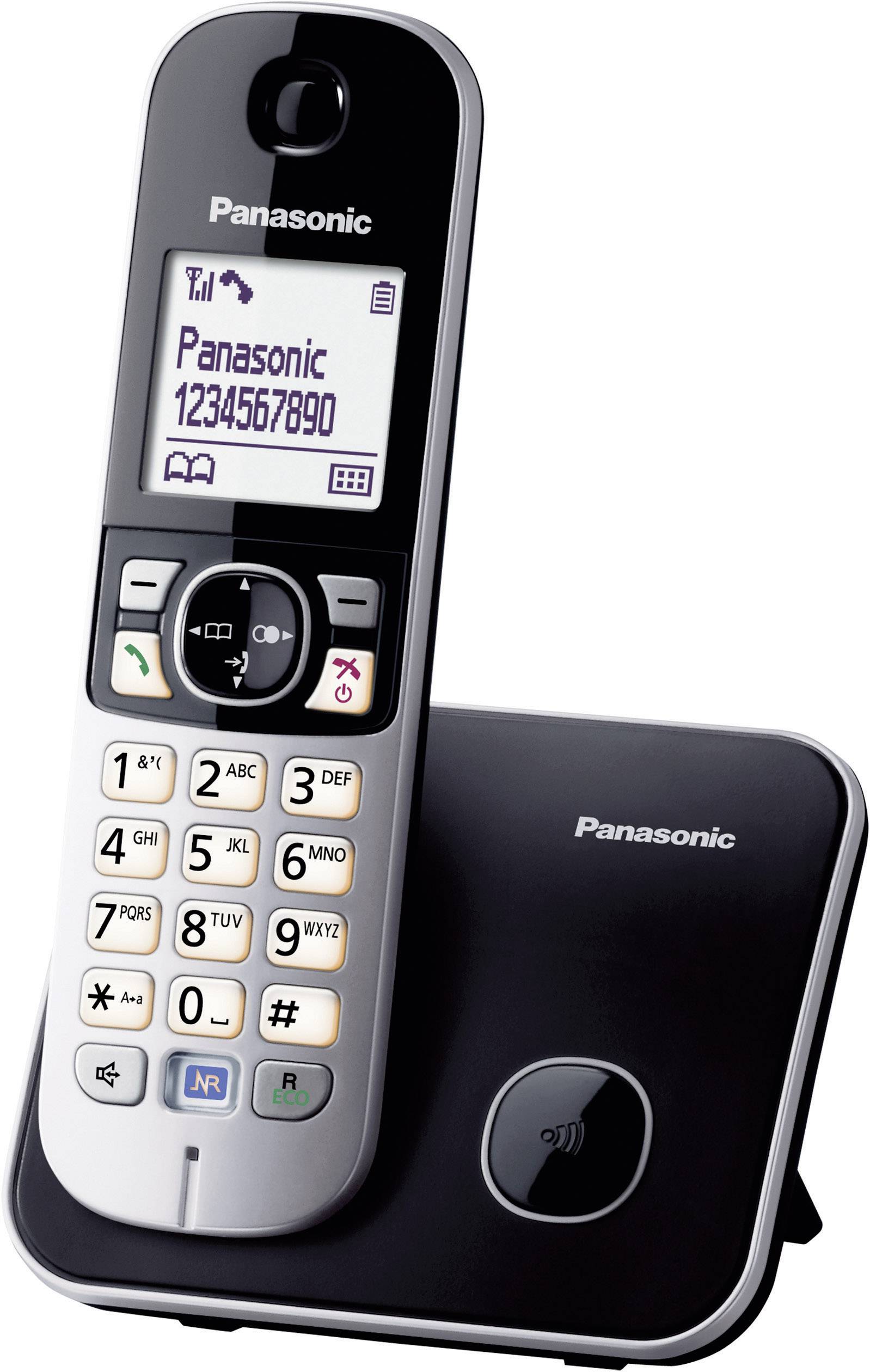 Schnurloses Telefon mit Basisstation, Markenname sichtbar, Nummer auf Display: '1234567890'. Tasten mit Ziffern und Symbolen.